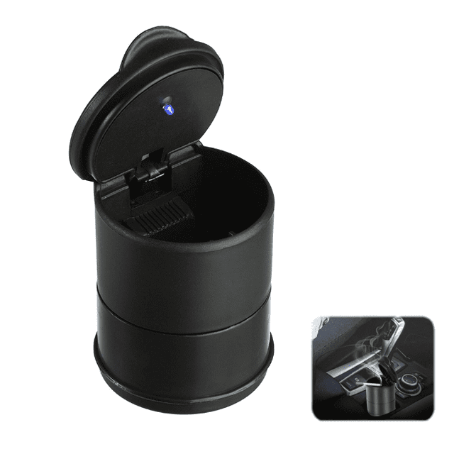 Cenicero portavasos de plástico con tapa y luz LED - Accesorio interior para coche - Furgoneta camper - Luz LED - Porta cigarrillos - Negro