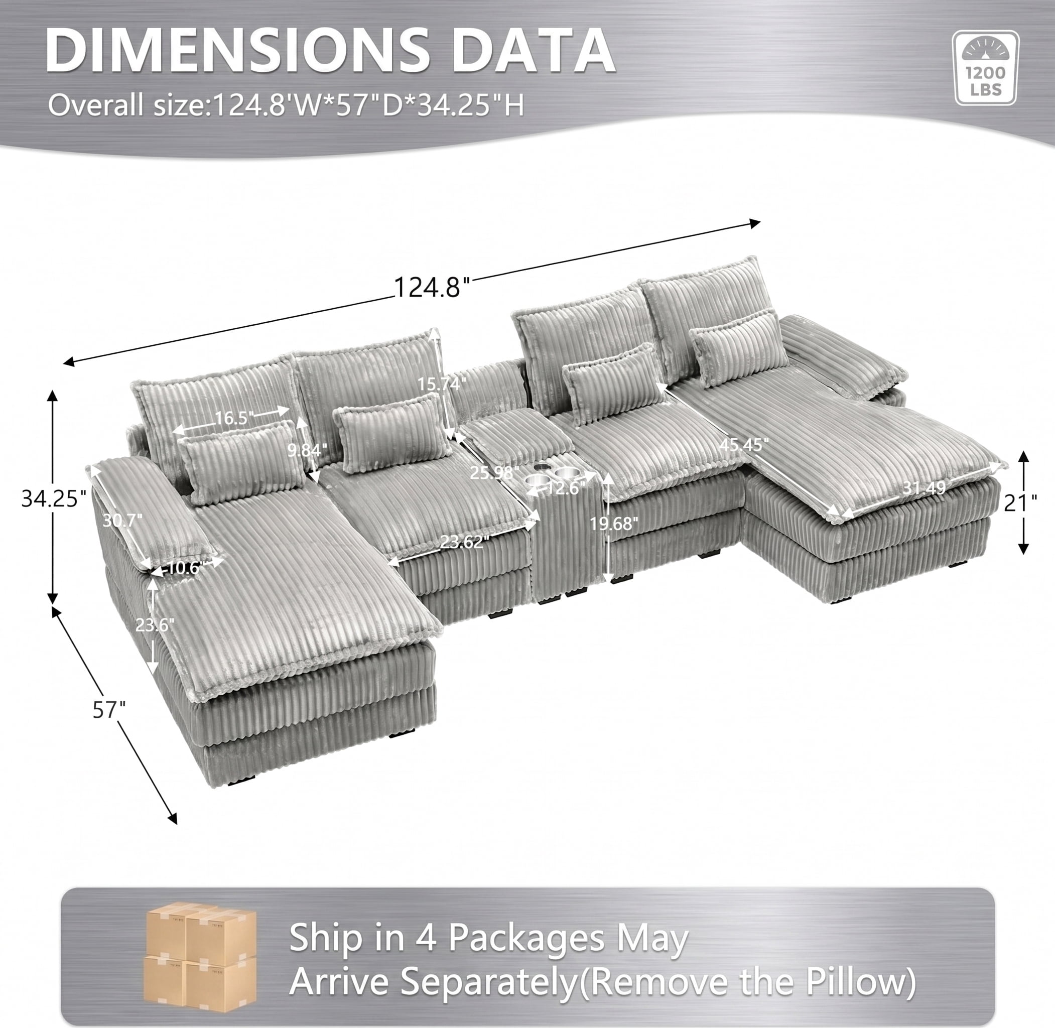ANPPORT Luxury 124" U Shaped Cloud Modular Sectional Sofa, Corduroy Deep Seat Couch with Storage Console, USB Ports & Cup Holders for Living Room, Light Grey