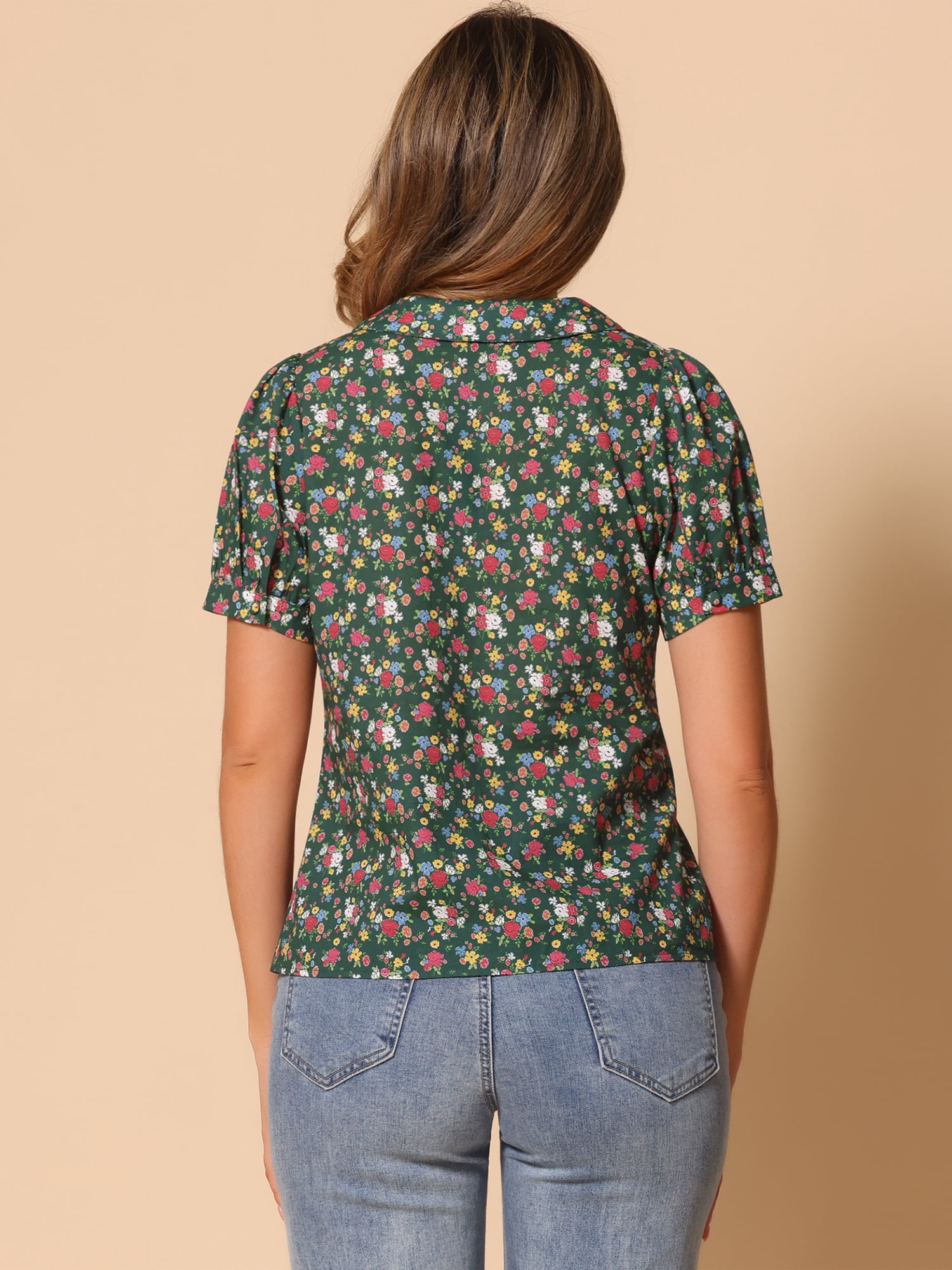 DARING DIVA Women's Turndown Collar Button Down Floral Blouse M Army Green