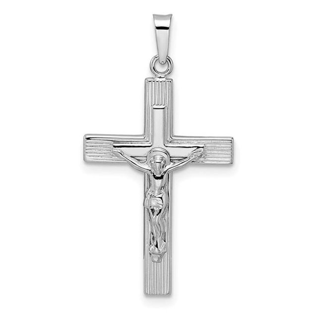 Quality Gold XR2046 Pendentif Crucifix Rayé Solide Poli Or Blanc 14K