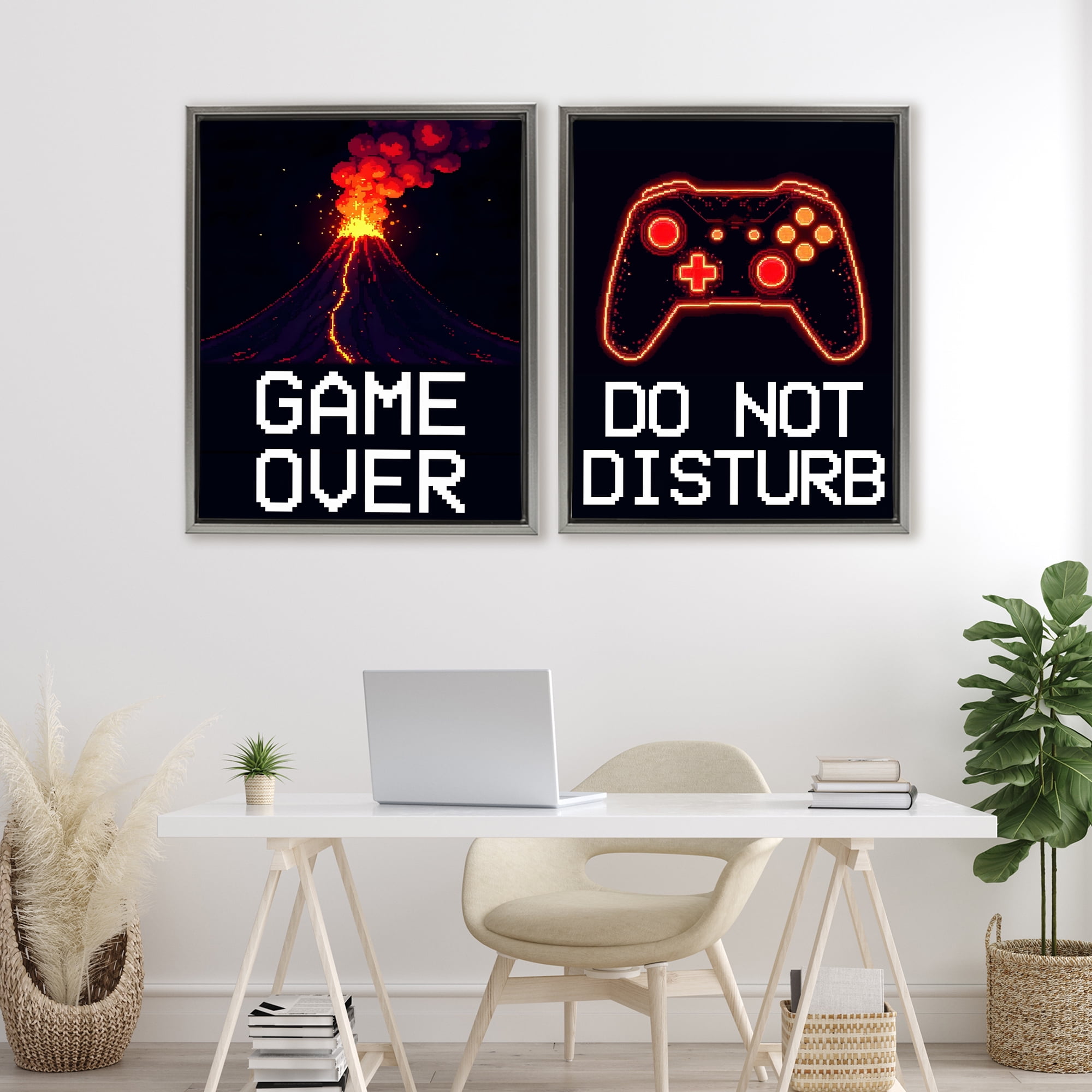 Pixel Game Sentiments 2 Piece Gray Framed Floater Canvas Set, design by Kim Allen