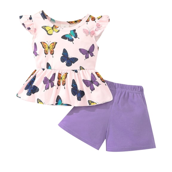 Toddler Girl Clothes Summer Butterfly Outfits 4T Animal Print Short Sleeve T-Shirt and Purple Butterfly Shorts (870-4)