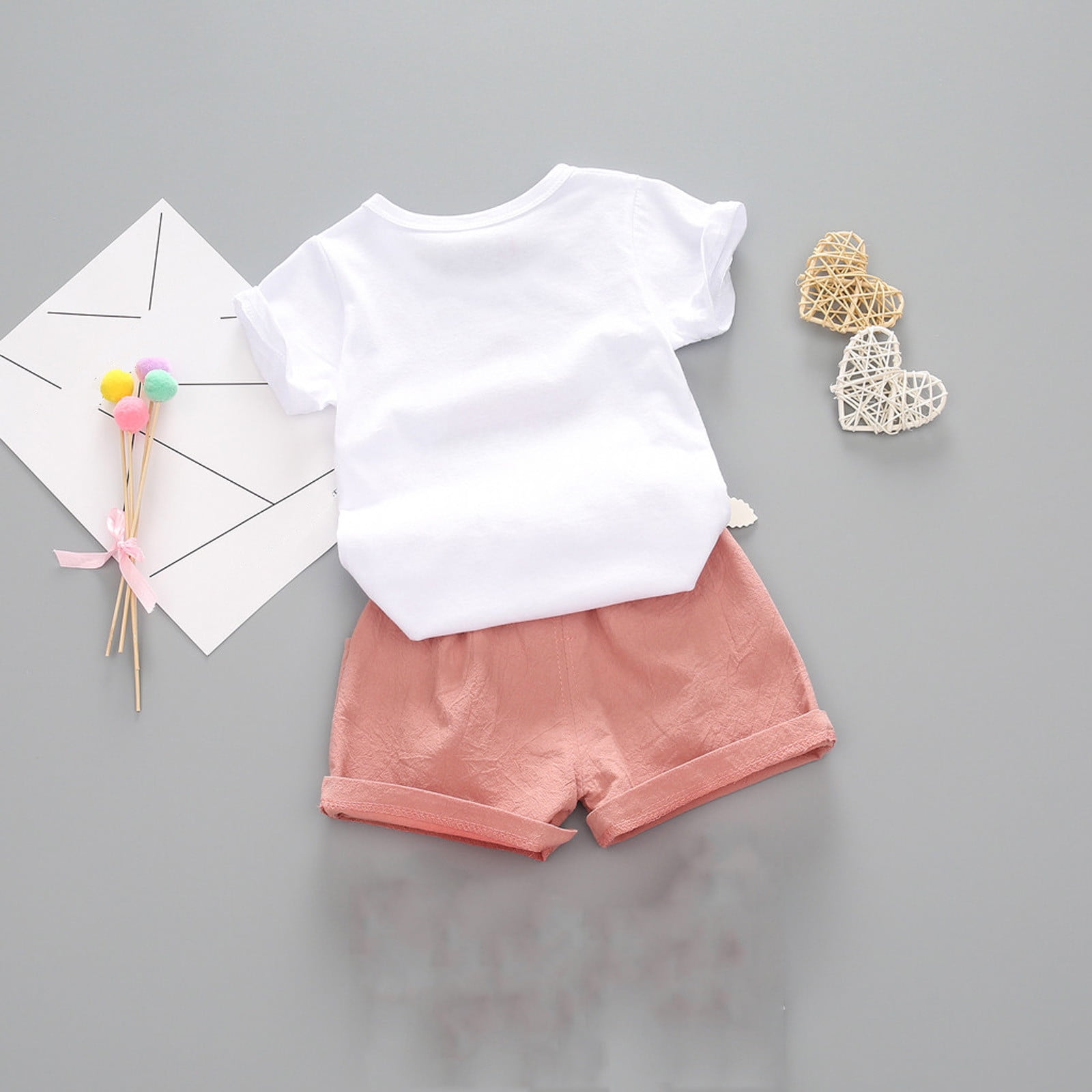 QTOCIO Toddler Girls Outfits, Kids Girl Clothes, Fashion Girls' Casual Short Sleeve Round Neck Collar Botton Short Pants Sets, Pink, 2 Years