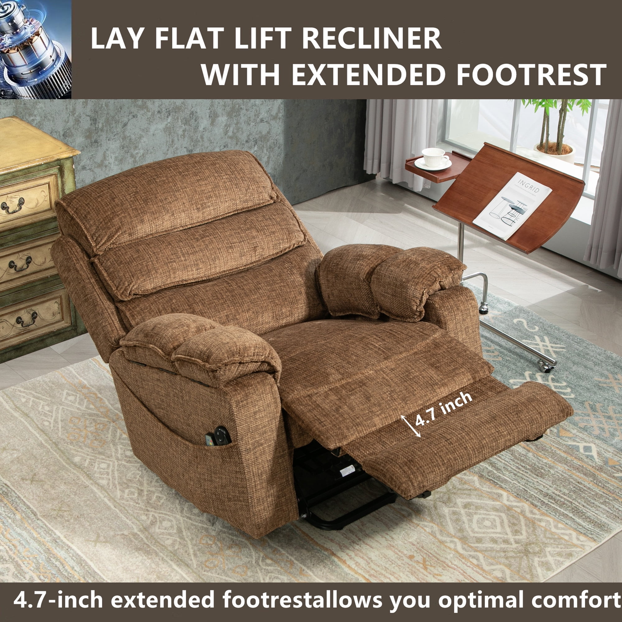 LITVZ Power Lift Chair with Heat and Massage for Elderly Big Man 400lb, 27in Extra Wide Lay Flat Recliner with Hidden Cup Holders, Infinite Position Lifting Recliners for Seniors, Extended Footrest