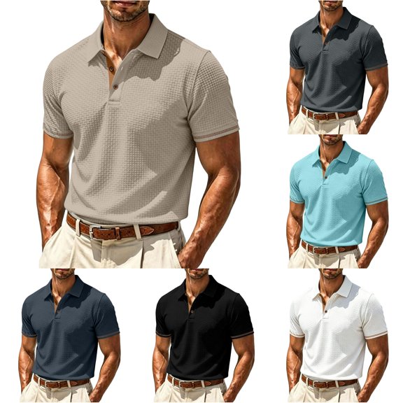 FINALGANG Men Lapel Collar Short Sleeve Polo Shirt Waffle Grid Texture Contrast Button Placket Slim Business Casual Breathable Knit Top Leisure Tops L