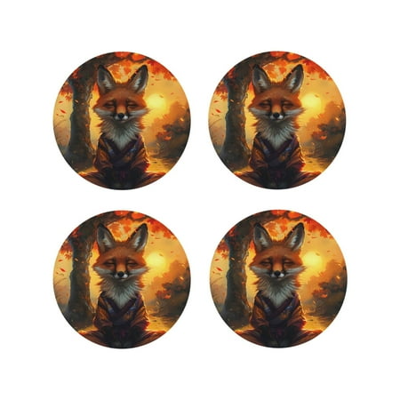 

Coasters Set of 4 - Sunset Maple Tree Fox Drink Coasters for Tabletop Protection Leather Coasters for Living Room Decor and Housewarming Gift Round Shape