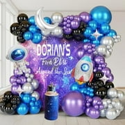 A 137-piece space balloon arch kit with metallic blue, purple, silver, and black rockets and astronauts for a NASA or galaxy-themed party.