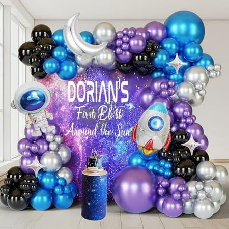 A 137-piece space balloon arch kit with metallic blue, purple, silver, and black rockets and astronauts for a NASA or galaxy-themed party.