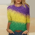 thumbnail image 1 of TIMIFIS Hauts à Manches 3/4 pour Femmes Décontracté Ample Mardi Gras Imprimé Col Rond T-Shirt Chandail Tops de Fête, 1 of 5