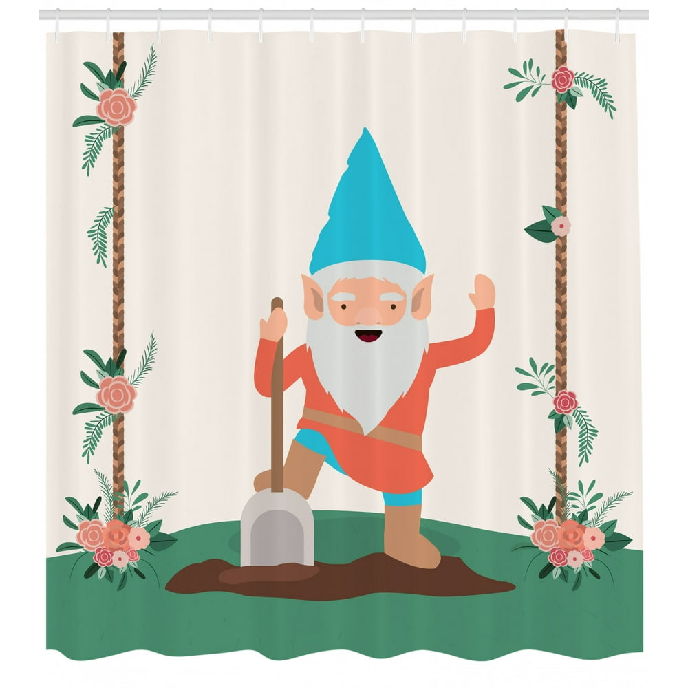 Gnome Shower Curtain, Funny Character in the Garden with Wooden Floral String Ornamental Design
