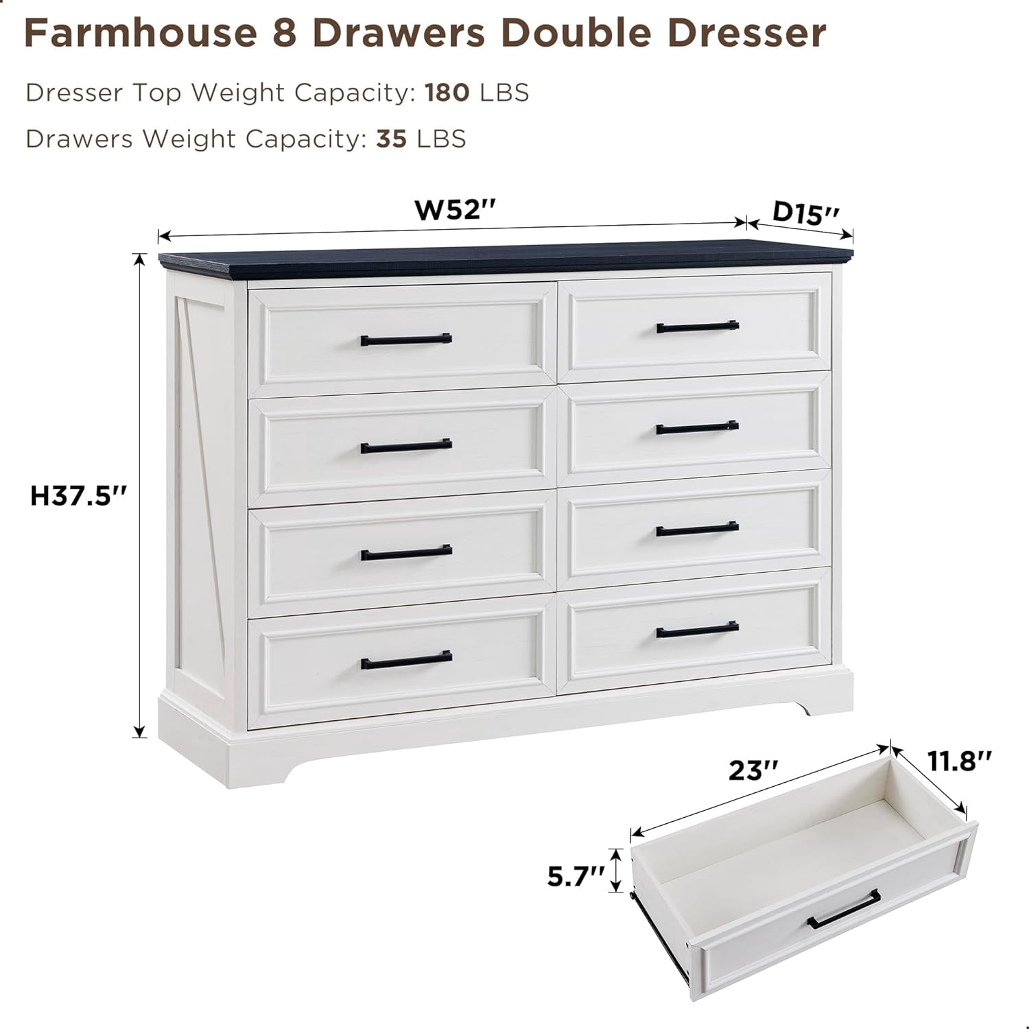 ACCOHOHO 8 Drawer Dressers Chests for Bedroom,52"Wide Rustic Wood Chest of Drawers，White