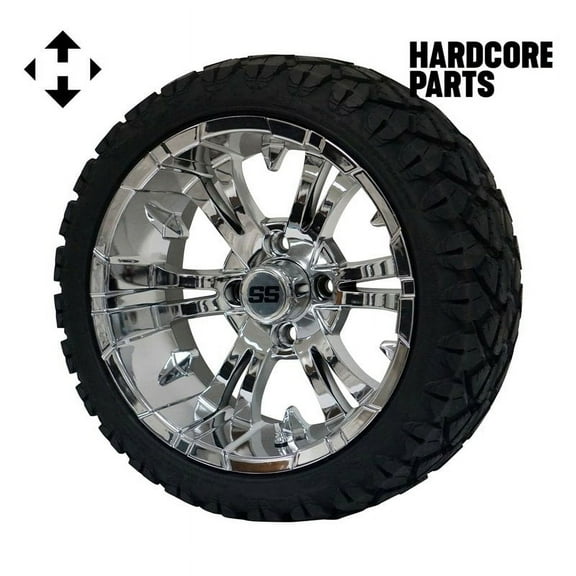 Hardcore Parts 14" Chrome 'Vampire' Golf Cart Wheels and 20"x8.5"-14 STINGER On-Road/Off-Road DOT rated All-Terrain tires - Set of 4, includes Chrome 'SS' center caps and 1/2x20 Chrome lug nuts