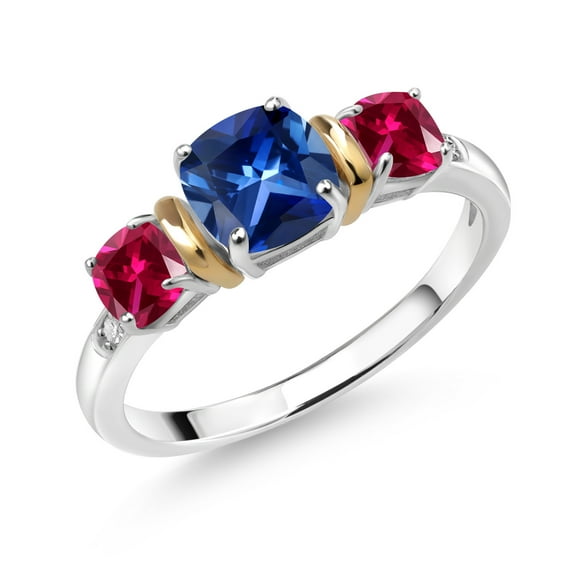 Gem Stone King 1.75 Ct Blue Created Sapphire Red Created Ruby 925 Silver and 10K Yellow Gold Diamond 3-Stone Ring (Size 8)