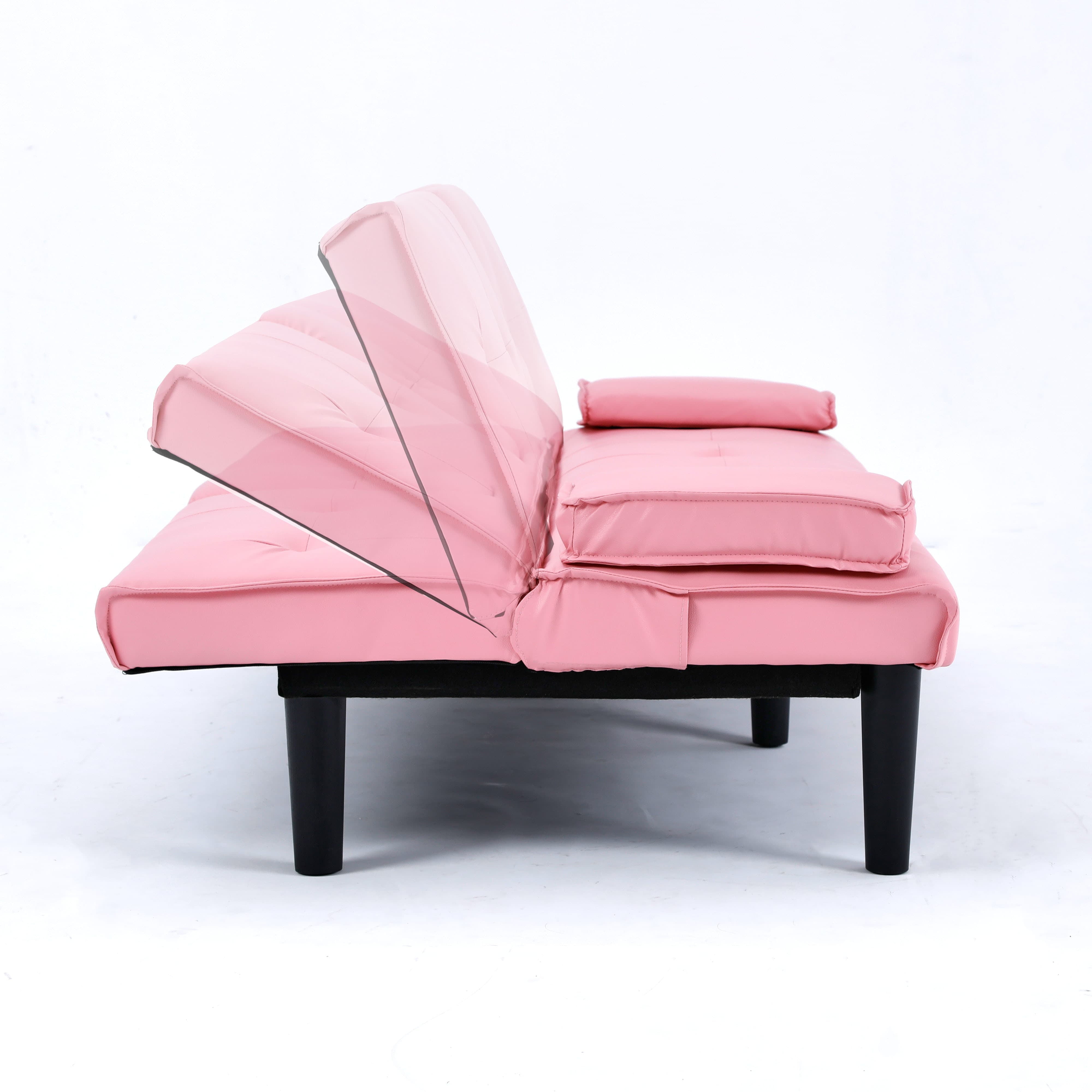 MAYEERTY 67" Convertible Sofa Bed PVC Loveseat Sofa with Cup Holder for Apartment, Living Room, Small Space, Pink