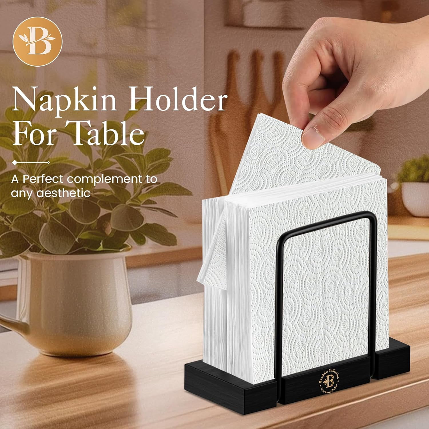 Napkin Holder for Table, Black Metal Frame with Bamboo Base, Non-Slip Bottom, Fits Cocktail or Dinner Paper Napkins