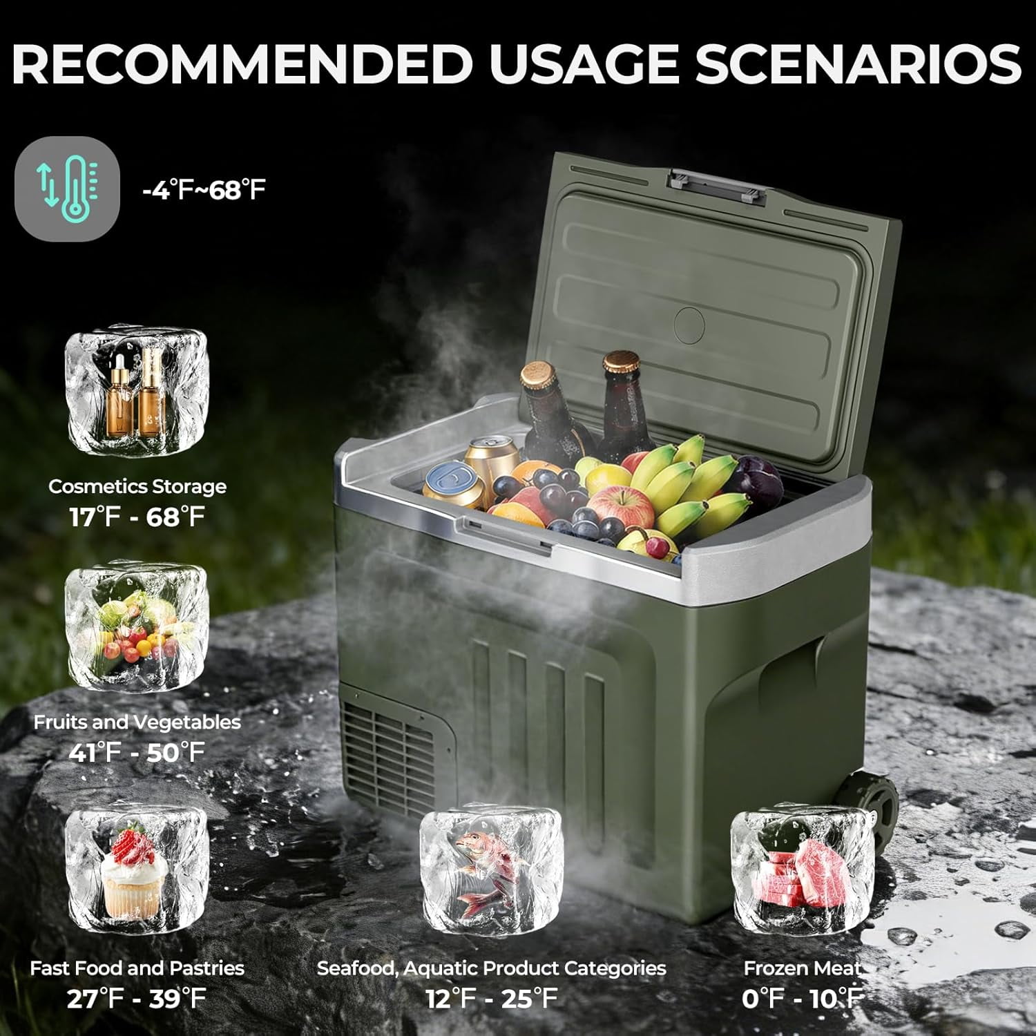 WAA 42 Quart 12V Portable Freezer Dual-Voltage,-4°F to 68°F for Car Camping Home (Green)