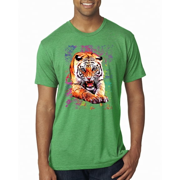 Wild Bobby, Tiger Growling Colorful Trippy Tie Dye Animal Lover Mens Premium Tri Blend T-Shirt, Envy, Small