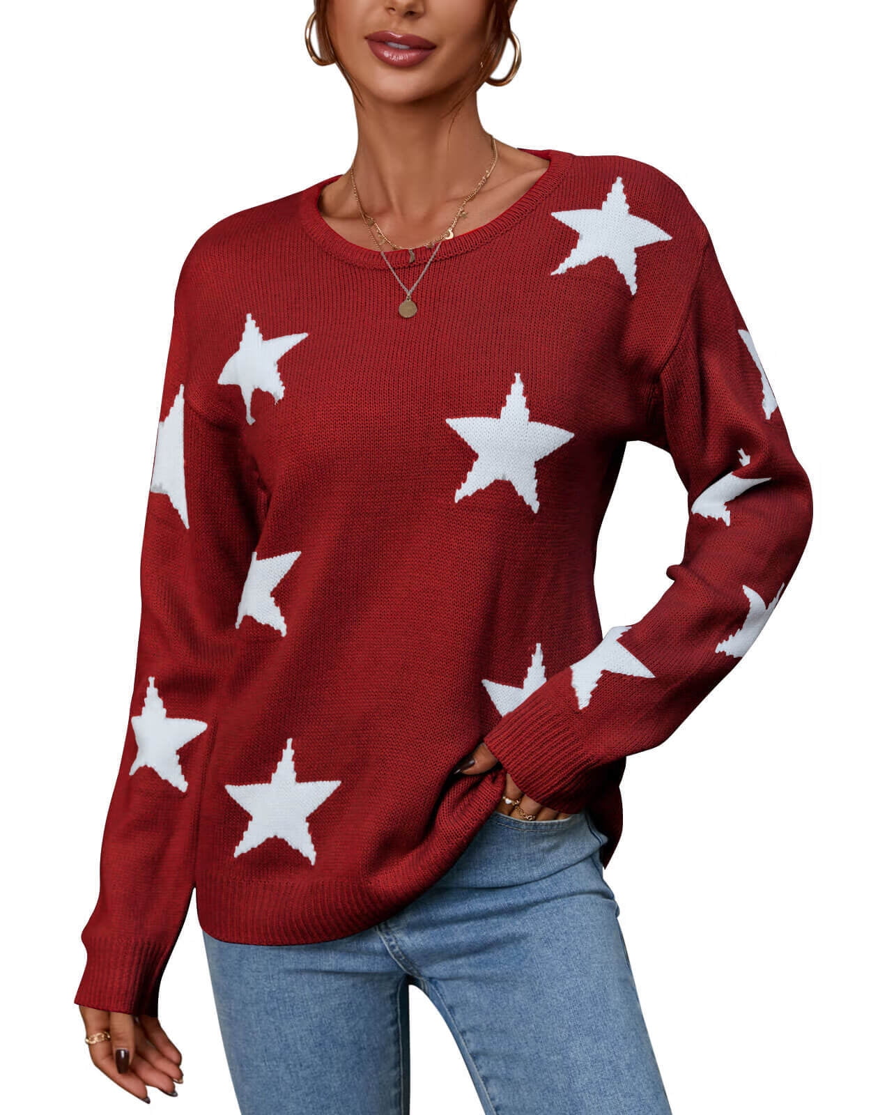 Crewneck Sweaters for Women Valentine's Day Star Print Knitted Pullover ...