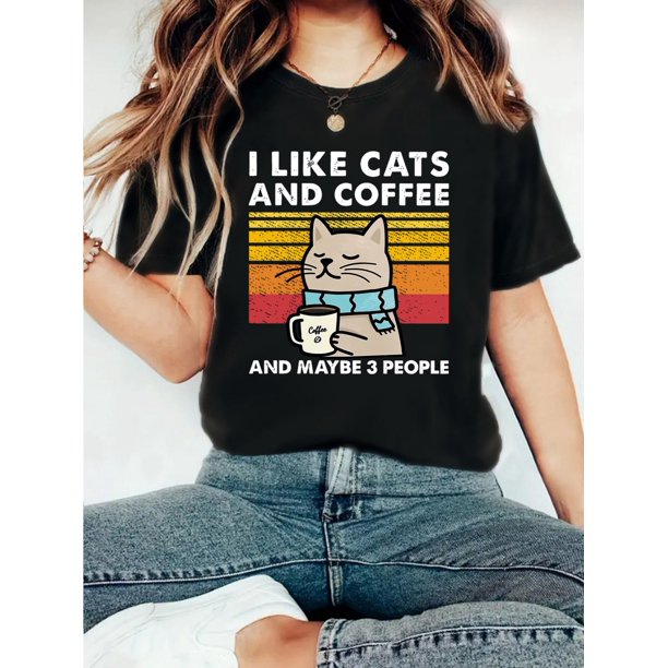 Women'S Casual "I Like Cats and Coffee" Graphic T-Shirt - Short Sleeve, Round Neck, Cotton, Lightweight, All-Season Tee with Cat and Coffee Design, Casual Wear | Playful Print | Knit Construction, Ca