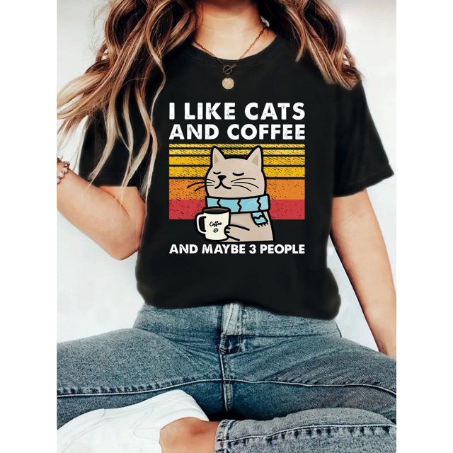 Women'S Casual "I Like Cats and Coffee" Graphic T-Shirt - Short Sleeve, Round Neck, Cotton, Lightweight, All-Season Tee with Cat and Coffee Design, Casual Wear | Playful Print | Knit Construction, Ca
