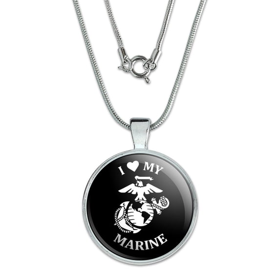 I Love My Marine USMC White on Black Officially Licensed 1" Pendant with Sterling Silver Plated Chain
