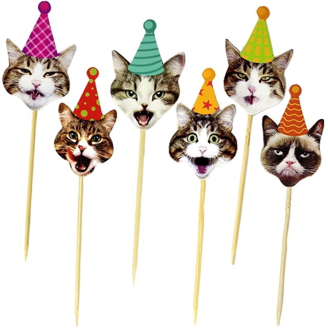 24 Piezas De Adornos Para Cupcakes De Gato Gruñón, Lindas Púas Para Cupcakes Con Cabeza De Gato De Dibujos Animados Para Decoración De Cumpleaños De Niños Y Gatos Jormftte WRJM-424