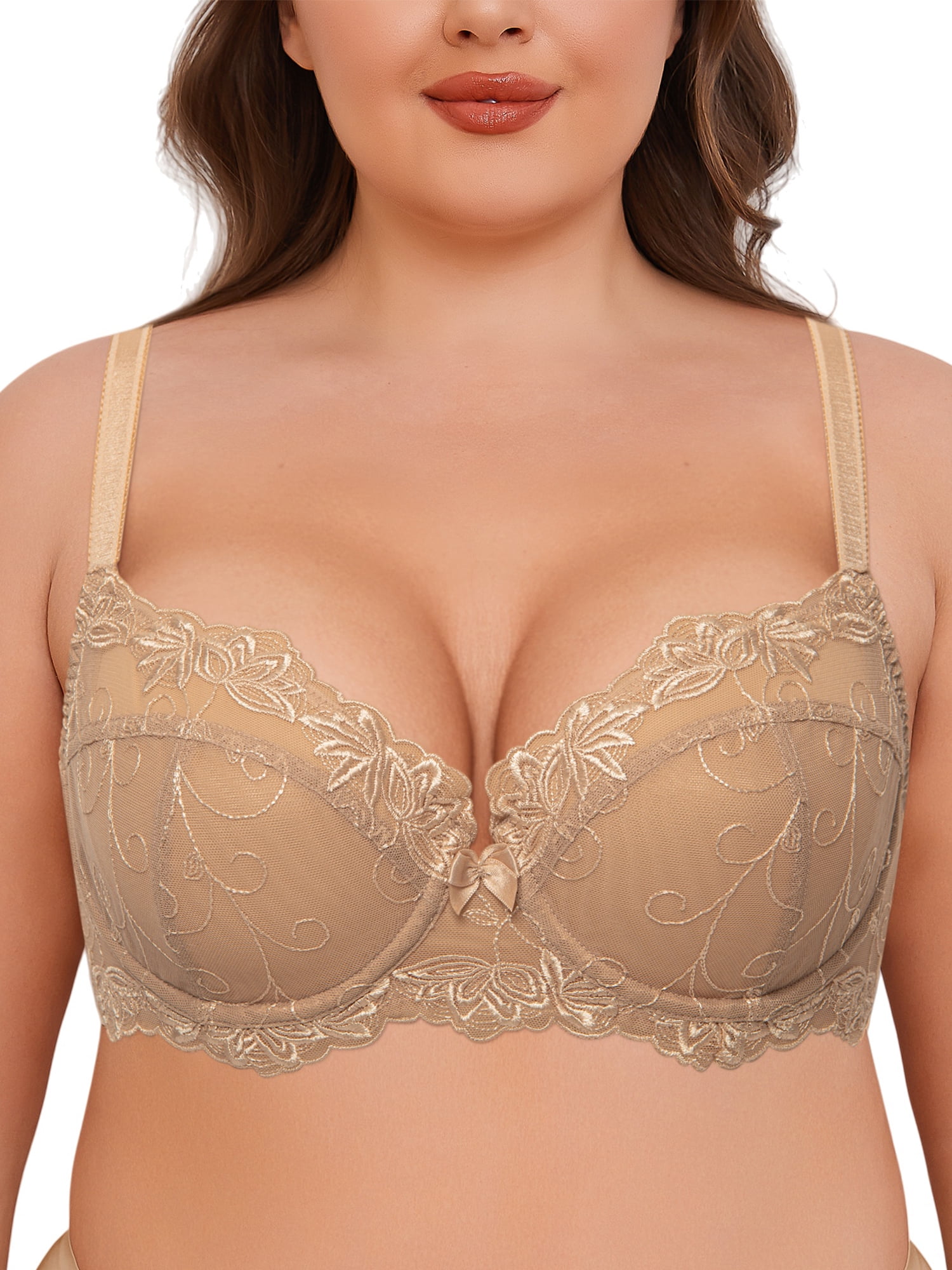 Deyllo Women's Lace Bra Non Padded Full Cup Underwire Push up See Through Plus Size Bra, Beige 34C