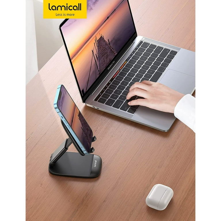Aluminum Folding Phone Stand For Desk - Adjustable Holder Compatible With IPhone, IPad, Kindle, Switch & More (Black)