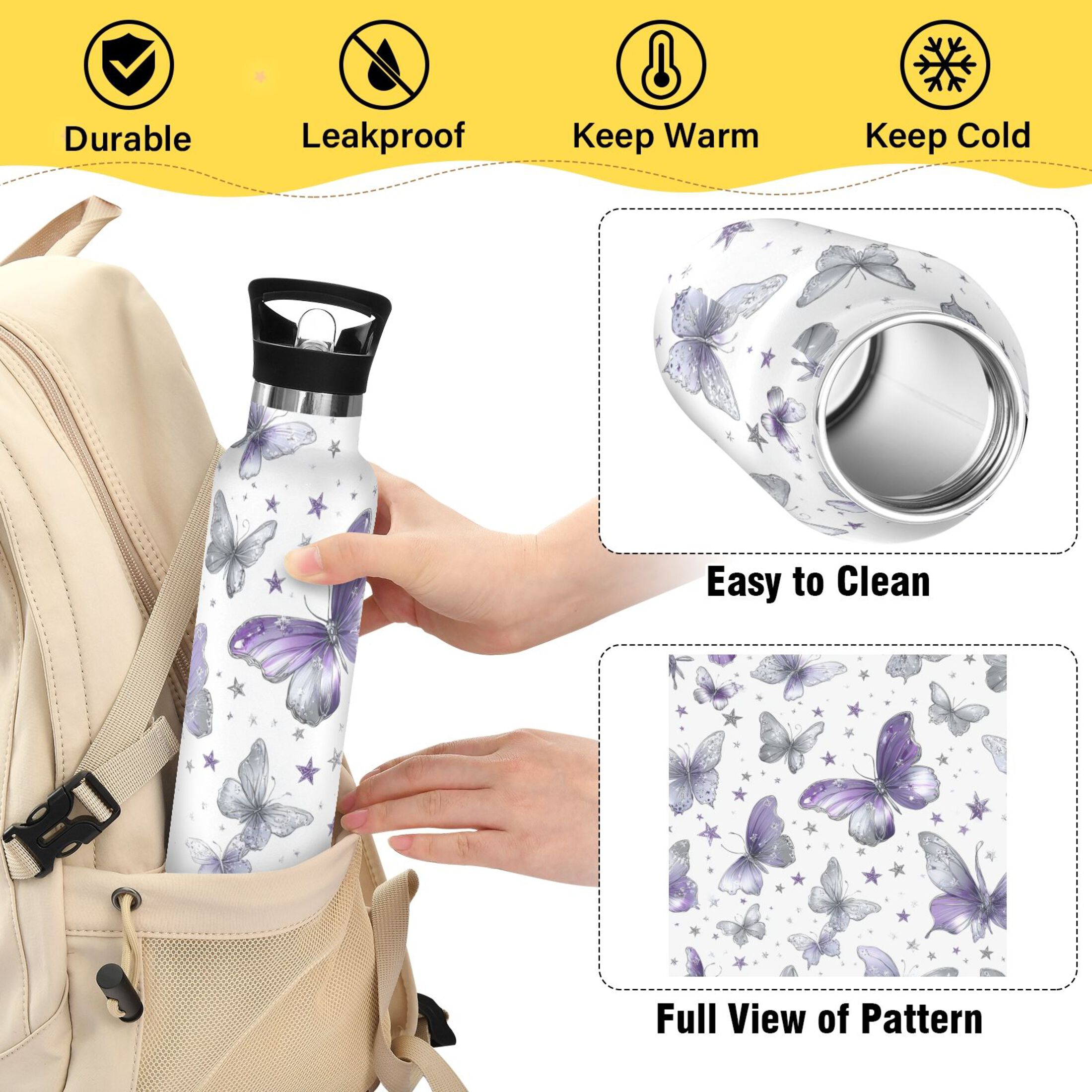 600ML Stainless Steel Insulated Cup Sports Water Bottle Portable Thermos Cup Water Glasses Insulated Tumblers Convenient and Durable Light Purple Butterfly