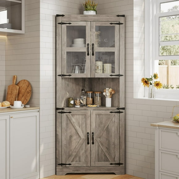 Farmhouse Corner Cabinet with Glass Door - Tall Storage Cabinet with Adjustable Shelves, Washed Grey Finish for Kitchen, Bathroom & Living Room