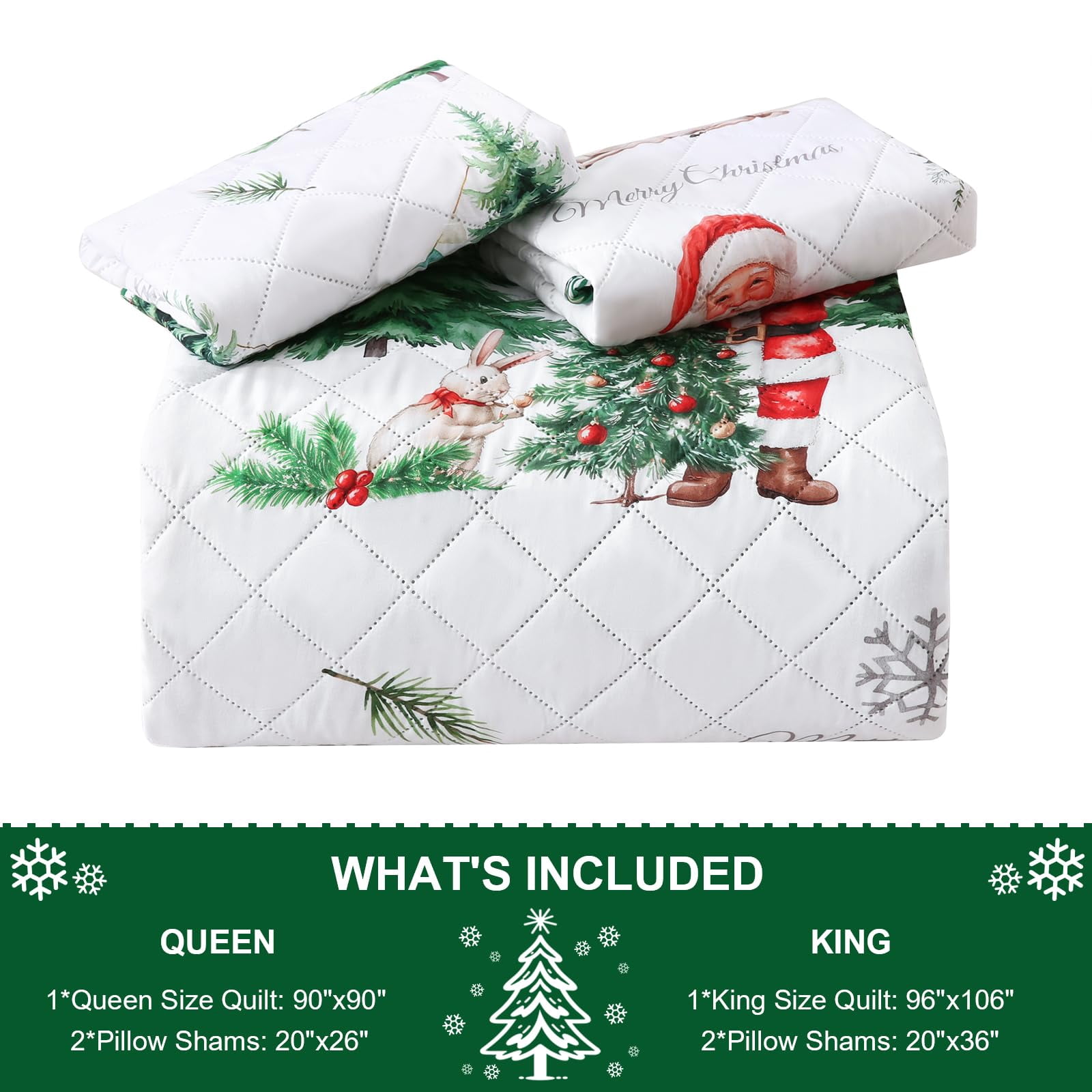 BLEUM CADE 3 Pieces Christmas Quilts Sets Queen Size, Christmas Tree Quilt Bedding Set, Reversible Green Buffalo Plaid Comforter Sets, Santa Claus Soft Lightweight Xmas Bedspread Coverlet, 90"x90"