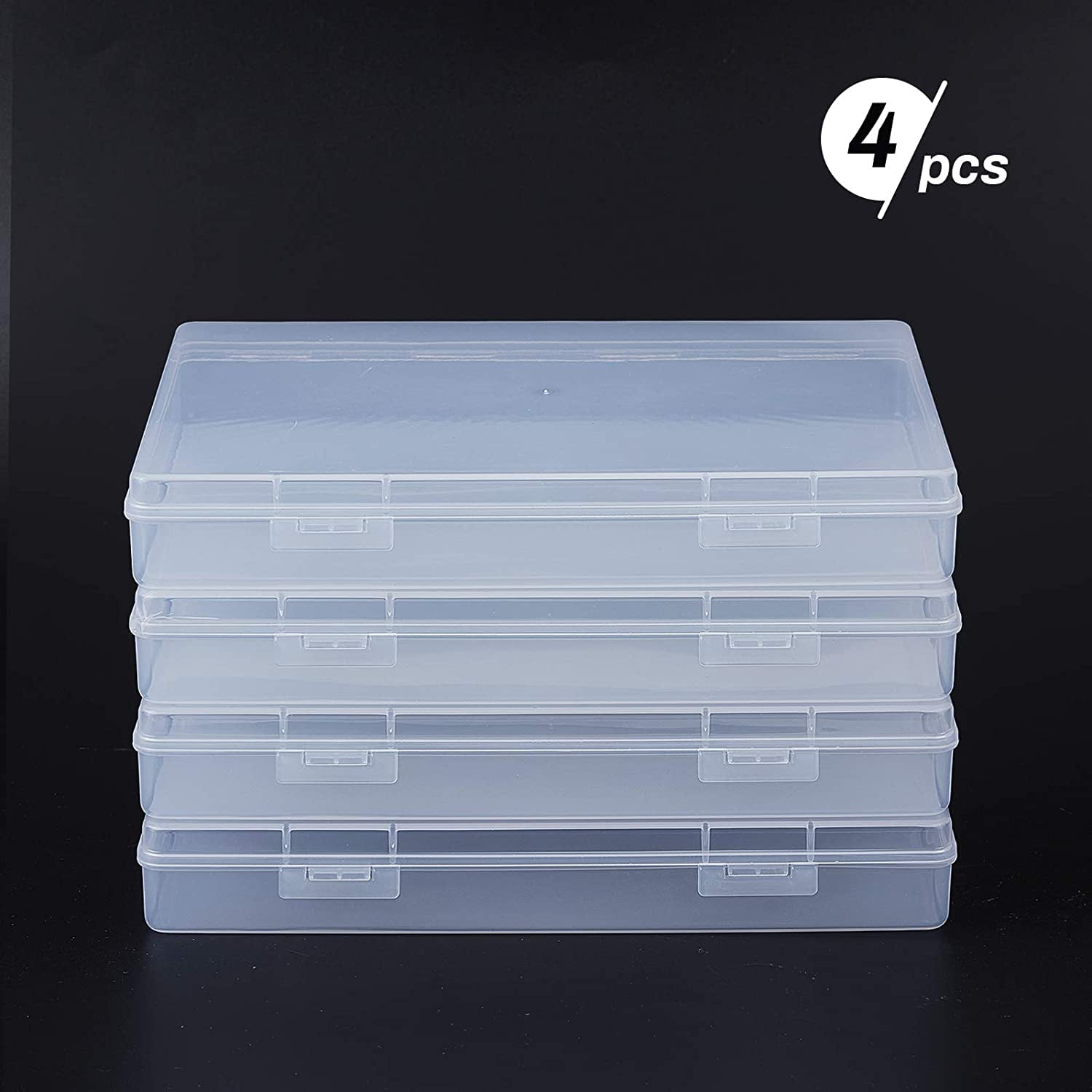 4 Pack 8.8x6.5x1.2 Large Rectangle Clear Plastic Storage Containers Large Box Case with Double Buckles for Cards Pens Beads and Jewelry Findings DIY