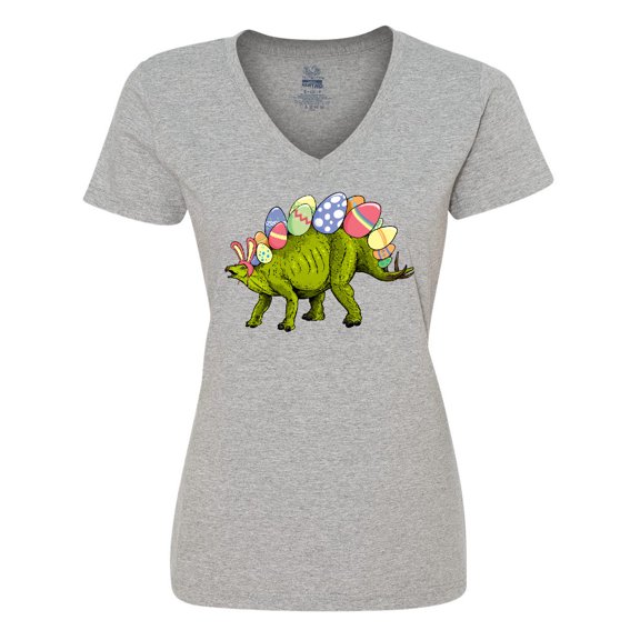 Inktastic Easter Bunny Stegosaurus with Eggs and Pink Ears Women's V-Neck T-Shirt