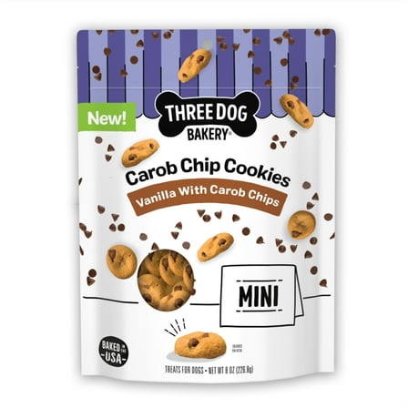Three Dog Bakery Mini Carob Chip Cookies, 8 oz Crunchy Treats for Dogs