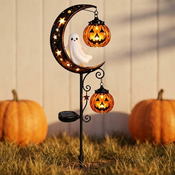 Solar Ghost & Pumpkin Moon Garden Stake Light, Halloween Outdoor Waterproof LED Yard Decoration with Crescent Moon, Hanging Jack-o'-Lantern Lantern for Garden, Patio, Walkway, Porch (Ghost)