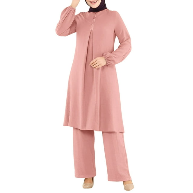 Wdgfv Robe pour Femmes Musulmanes Manches Longues Haut Ample Pantalon 2 Pcs Dubai Islamique Ensembles Assortis pour Femmes