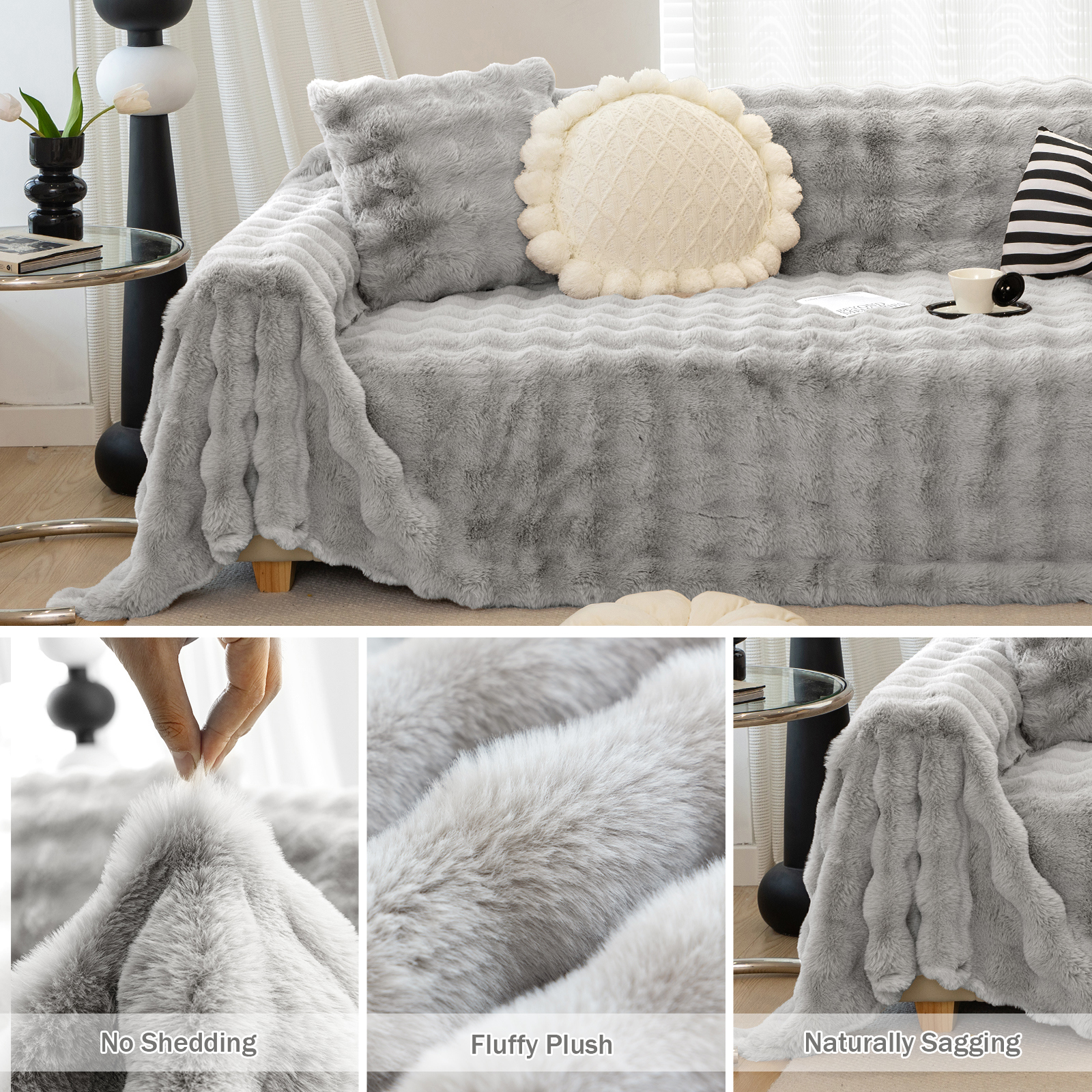 WOOW DEPOT Warm Faux Rabbit Fur Sofa Cover Machine Washable, Thick Throw Blanket L Shape Slipcover for 2 - 3 Cushion Couch, Light Gray 71"x118"