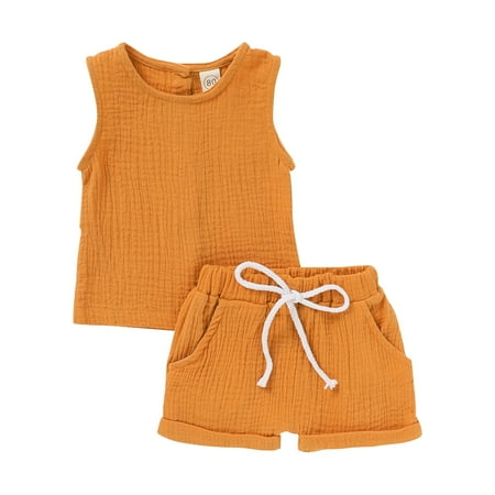 

Wiueurtly Boys & Girls Solid Crepe Crepe Crew Neck Sleeveless Tank Top Lace Up Shorts Set Boy Christmas Outfit 5