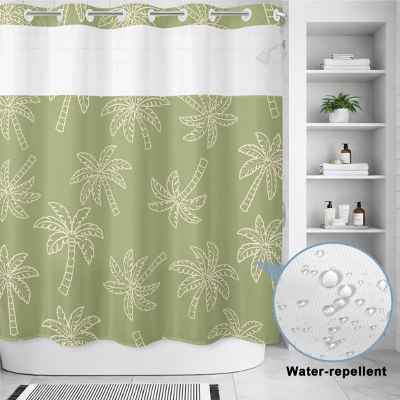 No Hook Shower Curtain, Sage Green Palm Shower Curtains for Bathroom with See Through Top Window, Summer Tropical Coconut Trees Waterproof & Washable Bath Curtain Standard 72"x72"