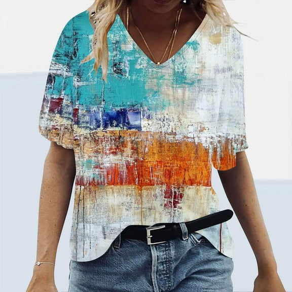 GaThRRgYP Lightweight Short Sleeve V Neck Tops Women's,Women's Loose Casual Short Sleeve V Neck T Shirts Printed Tshirts Blouses Gray S