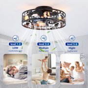 Dayu 20 Inch Matte Black Rustic Flush Mount Wildlife Forest Caged Enclosed Ceiling Fan with Light and Remote Control