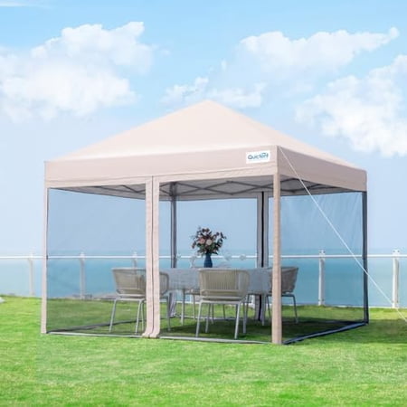 Quictent Pop up Canopy Tent with Mosquito Netting, Easy Set up Screened Gazebo House Room Tent Portable & Waterproof for Patio, Backyard, Camping Or Outdoor Use (Tan, 8'x8')