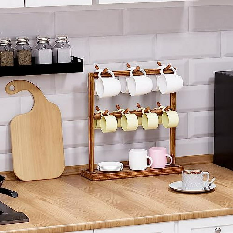 Puricon Mug Holder Coffee Cup Shelf for Counter, 2 Tier Wood Mug Tree Stand  Organizer with 14 Sturdy Hooks and Storage Base, Double Sides Tea Cups