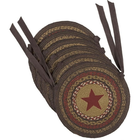Chair Pads Round Ashton & Willow Almond Tan Primitive Tabletop Kitchen Landon Star Jute Tie Back(s) Appliqued Round Chair Pad Set of 6 ()