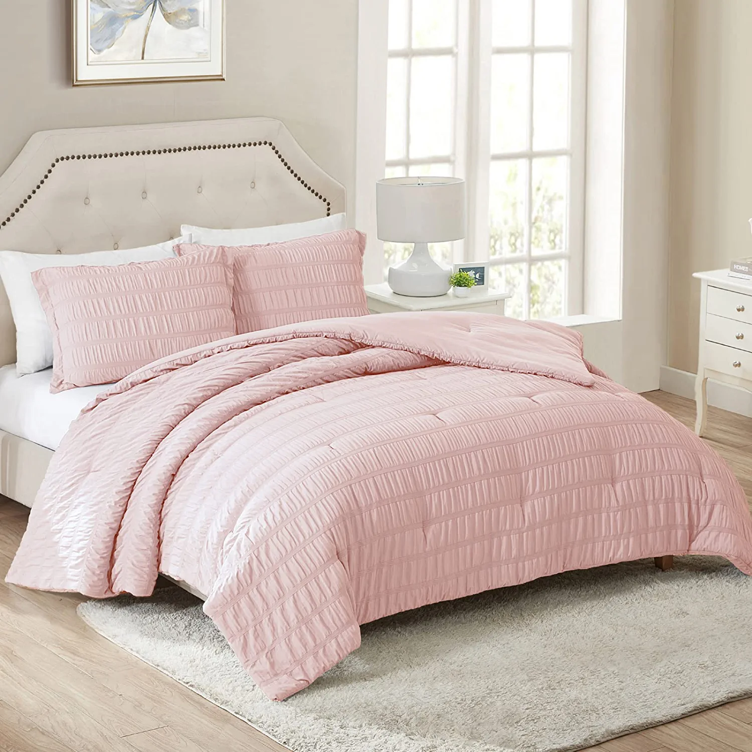 Walensee King Seersucker Comforter Set, 3 Pieces Bed Comforters, 104