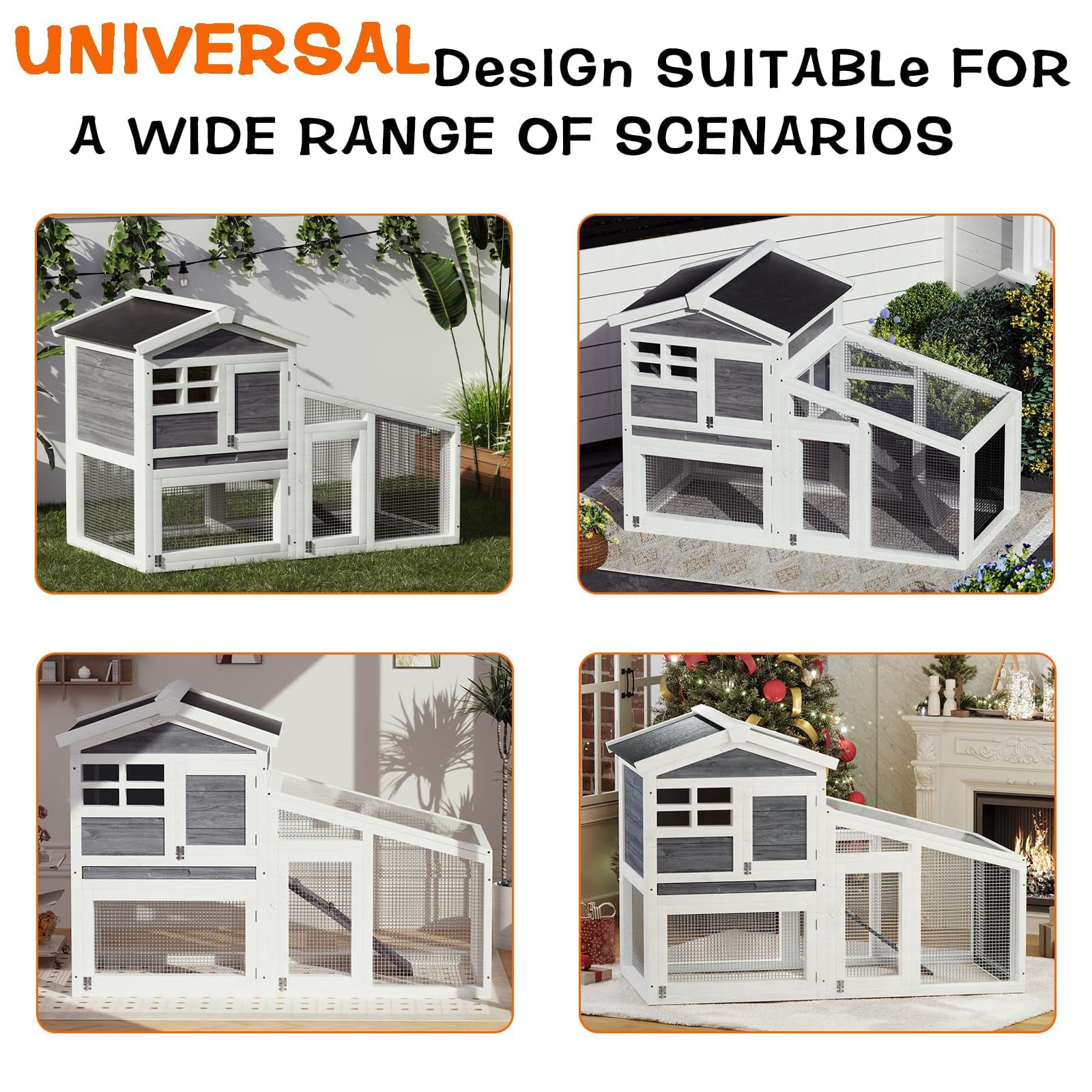 Historyli Double Layer Rabbit Hutch, Wooden Bunny Cage with Run, Removable Tray & Asphalt Roof, Indoor/Outdoor, Grey