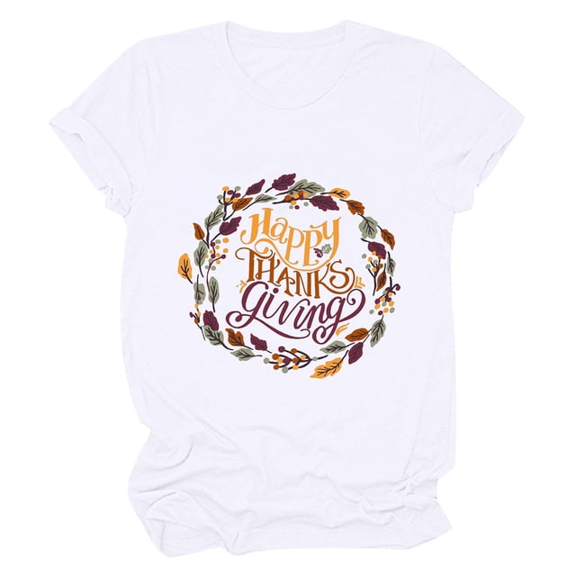 Camisas de Acción de Gracias Para Mujer Casual Cuello Redondo Manga Corta Camiseta Estampada Top Odeerbi ODB122451