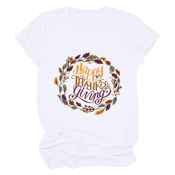 Camisas de Acción de Gracias Para Mujer Casual Cuello Redondo Manga Corta Camiseta Estampada Top Odeerbi ODB122451