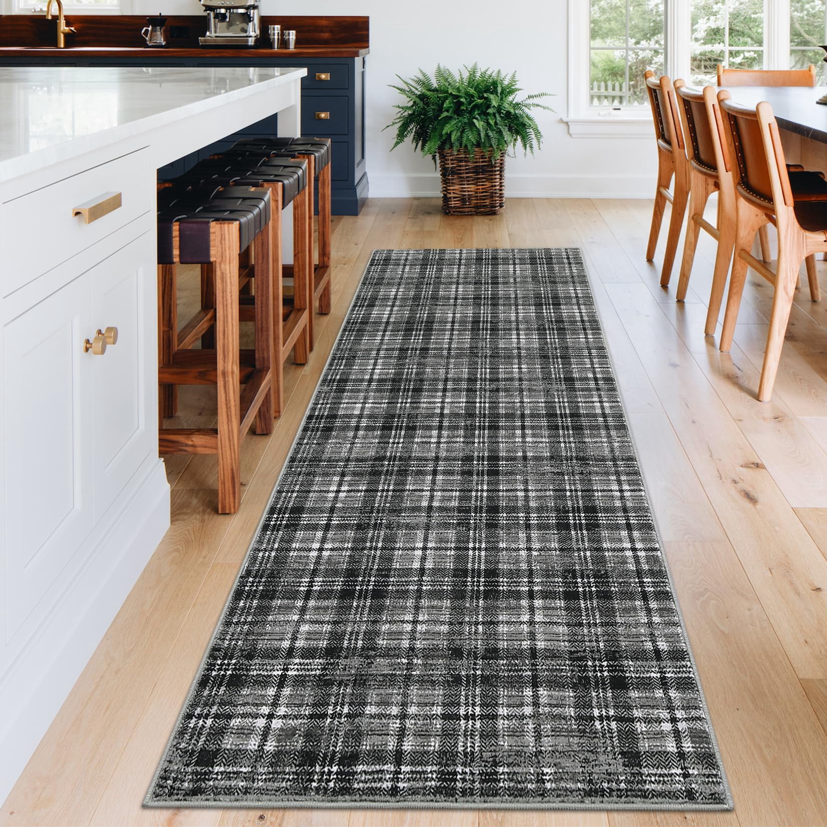 2'x10' Washable Soft Plaid Traditional Tartan Runner Rug - Non Shedding, Non Slip, Stain Resistant Carpet for Living Room, Bedroom, Nursery, Office, Machine Washable, Gray