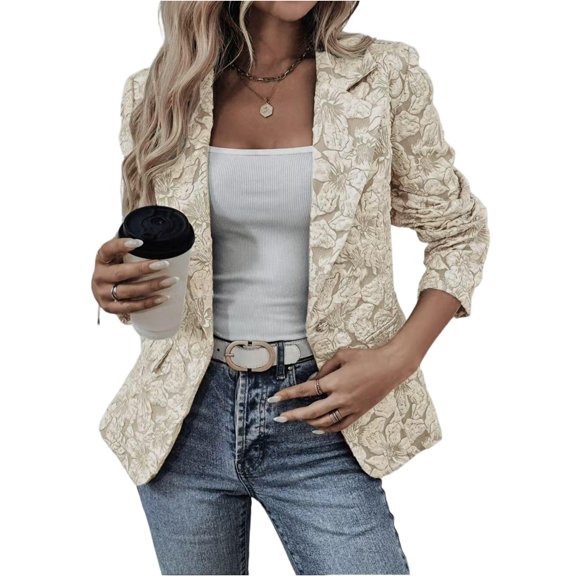 Women's Dressy Lapel Collar Vintage Floral Blazers | Business Casual Long Sleeve Suit Jacket with Faux Flap Pockets Button Closure Fall Office Outfits